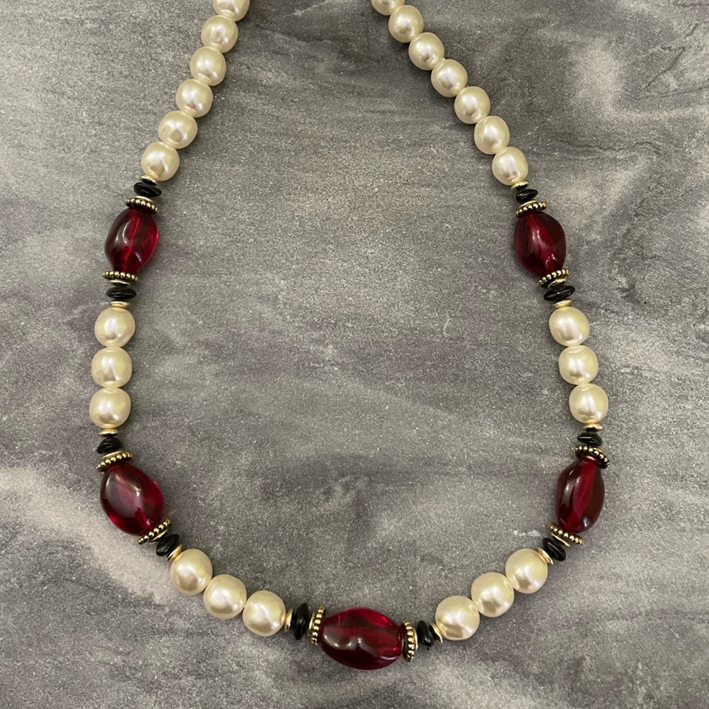 Vintage Faux Pearl Red Beaded Necklace